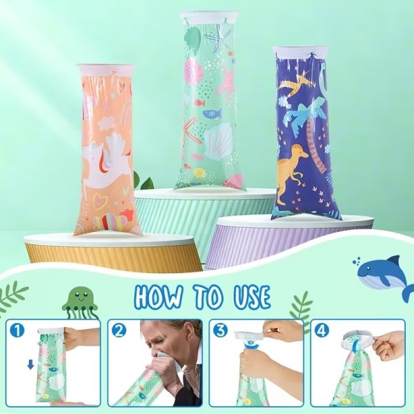 6x Kotztüten, Brechbeutel, Spucktüte verschieden Motive für Kinder