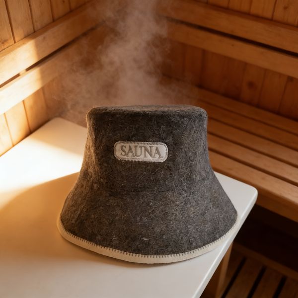 Saunahut, Filzbadehut, Saunamütze aus Wollfilz grau SAUNA Logo