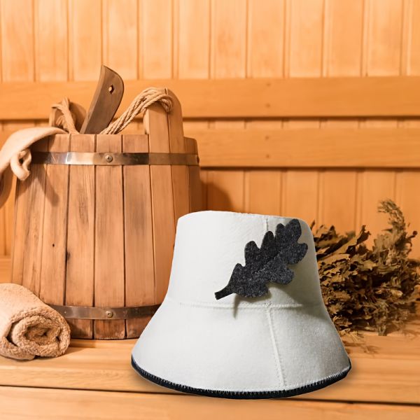 Saunahut Wollfilz, Filzbadehut Saunamütze weiss mit Blatt