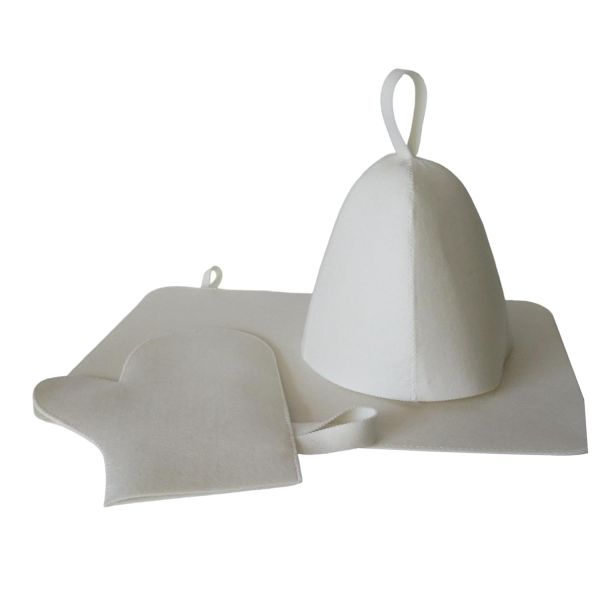 Sauna-Set 3-tlg. aus Filz, Saunaunterlage, Mütze, Handschuh, weiss